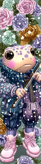 Free kawaii frog bookmark featuring pale kawaii frog with purple violin